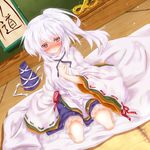  bed_sheet blush futon grey_eyes hanging_scroll hat hat_removed headwear_removed japanese_clothes kamumiya kariginu mononobe_no_futo pillow scroll sheet_grab shirt side_ponytail silver_hair sitting skirt solo tatami touhou 