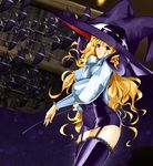  black_legwear blonde_hair bowalia breasts covered_nipples creature garter_straps hat lace lace-trimmed_thighhighs large_breasts legs lilith_(yamibou) long_hair long_sleeves microskirt puffy_sleeves purple_eyes skirt solo thighhighs thighs very_long_hair wavy_hair whip witch_hat yami_to_boushi_to_hon_no_tabibito zettai_ryouiki 
