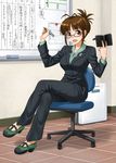  akizuki_ritsuko book brown_eyes brown_hair chair crossed_legs dress_shirt dress_shoes formal glasses hida_tatsuo highres idolmaster idolmaster_(classic) indoors looking_at_viewer magnet neck_ribbon no_socks open_mouth pant_suit pencil ribbon room shirt shoes sidelocks sitting smile solo suit translation_request whiteboard 