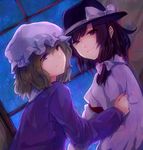  black_hair blonde_hair brown_eyes hat highres kiguchiko light_smile looking_at_viewer maribel_hearn multiple_girls purple_eyes short_hair touhou usami_renko 