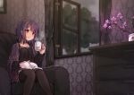  1girl animal bangs black_hair black_legwear black_shirt blanket blush cat chair closed_mouth coffee_mug collarbone cup curtains evening eyebrows_visible_through_hair feet_out_of_frame flower frilled_shirt frilled_skirt frills hand_up highres holding holding_cup indoors long_sleeves looking_away maka_neko miniskirt mug original pantyhose pink_flower plant pleated_skirt potted_plant red_eyes shirt short_hair sidelocks sitting skirt smile solo spaghetti_strap steam tree white_cat window 