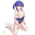  1girl atomix bare_shoulders blue_hair breasts feet kneeling legs looking_at_viewer nipples off_shoulder one-piece_swimsuit small_breasts solo strap_slip swimsuit swimsuit_pull topless 