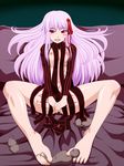  barefoot bed_sheet bestiality breasts crest_worm dark_sakura fang fate/stay_night fate_(series) feet footjob full_body hair_ribbon kurone long_hair looking_at_viewer lying matou_sakura nipples on_back open_mouth purple_hair red_eyes ribbon small_breasts smile solo spread_legs sweat toes 
