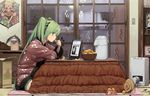  bad_id bad_pixiv_id cat domo1220 eating food fruit green_eyes green_hair hatsune_miku heater holding holding_food holding_fruit kotatsu long_hair looking_at_viewer mandarin_orange profile sitting solo sweater table television twintails two_side_up very_long_hair vocaloid water_boiler 