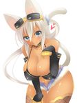  animal_ears bare_shoulders bikini_top blue_eyes blush breasts cat_ears cleavage dark_skin denim denim_shorts elbow_gloves eyewear_on_head fishnets fur_trim gloves heart kaiten_muten-maru large_breasts long_hair navel paw_pose pocopoco shamu_meruruusa shiny shiny_skin shorts smile solo sunglasses tail thighhighs unbuttoned white_hair yellow-framed_eyewear 