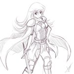  1girl armor atomix long_hair monochrome sword weapon 