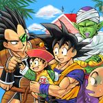  black_hair brothers closed_eyes clothes_writing dragon_ball dragon_ball_z family father_and_son good_end kuririn laughing long_hair lowres male_focus multiple_boys out_of_character piccolo raditz scouter siblings smile son_gohan son_gokuu spiked_hair stargeyser sweat tail uncle_and_nephew what_if 