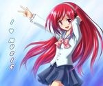  :d atomix bow english headphones long_hair open_mouth red_hair school_uniform smile translated v 