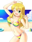  ;d \m/ ahoge beach bikini blonde_hair breasts cameltoe covered_nipples day green_eyes hoshii_miki idolmaster idolmaster_(classic) large_breasts long_hair multicolored multicolored_stripes navel one_eye_closed open_mouth side-tie_bikini smile solo striped striped_bikini swimsuit tanuki_yousuke 