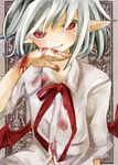  :q bat_wings blood bloody_clothes bow colored_eyelashes edo. male_focus pointy_ears pop'n_music red_eyes ribbon silver_hair solo tongue tongue_out wings yuli_(pop'n_music) 
