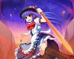  blue_hair boots cross-laced_footwear cross_(crossryou) food fruit hat hinanawi_tenshi lace-up_boots long_hair open_mouth peach red_eyes shirt skirt smile solo sword touhou upskirt weapon 