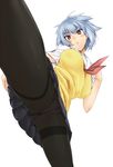  ben-tou black_legwear breasts covered_nipples crotch_seam henkuma highres kicking large_breasts panties panties_under_pantyhose pantyhose pantyshot red_eyes short_hair silver_hair solo thighband_pantyhose underwear yarizui_sen 