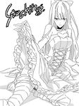  character_name greyscale monochrome panty_&amp;_stocking_with_garterbelt skirt skirt_lift solo stocking_(psg) tegaki yu-tan 