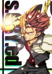  chaigidhiell copyright_name grin highres jacket kazuma_(scryed) male_focus power_fist red_eyes red_hair scryed smile solo spiked_hair 