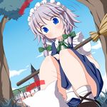  blue_eyes blush braid broom directional_arrow dog head_tilt highres izayoi_sakuya looking_down maid maid_headdress nikku_(ra) panties pantyshot pantyshot_(squatting) silver_hair solo squatting sweatdrop touhou twin_braids underwear white_panties wide-eyed 