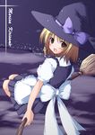  asakura_saki blonde_hair braid broom broom_riding brown_eyes hat kirisame_marisa side_braid sidesaddle solo touhou witch_hat 