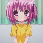  animated animated_gif blinking blush hair_ribbon minato_tomoka mole pink_eyes pink_hair ribbon ro-kyu-bu! rou-kyuu-bu! short_hair side_ponytail sitting 