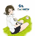  bad_id bad_pixiv_id baseball baseball_bat black_hair grass konno_makoto looking_at_viewer mameko pleated_skirt school_uniform short_hair sitting skirt smile solo toki_wo_kakeru_shoujo 