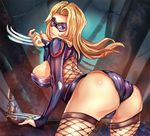  :p ass bent_over blonde_hair blue_eyes breasts cameltoe claw_(weapon) fishnets large_breasts leotard long_hair mask original sideboob solo suoni_(deeperocean) thighhighs tongue tongue_out weapon 