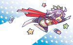  ahoge alba_(ep) alternate_costume boots cape flying futaba_channel nijiura_maids open_mouth pill pose purple_hair short_hair solo star star-shaped_pupils superhero symbol-shaped_pupils thighhighs tongue tongue_out yakui 