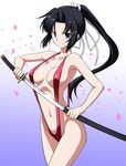  bad_id bad_pixiv_id black_hair blue_eyes maji_de_watashi_ni_koi_shinasai! marugoshi_teppei minamoto_yoshitune navel one-piece_swimsuit ponytail sheath slingshot_swimsuit solo strap_gap swimsuit sword unsheathing weapon 