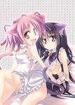  akemi_homura animal_ears apron black_hair cat_ears cat_tail hairband kaname_madoka kazekawa_nagi long_hair looking_back mahou_shoujo_madoka_magica multiple_girls naked_apron pink_eyes pink_hair purple_eyes short_hair smile tail twintails 