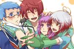  2girls asbel_lhant blue_eyes blue_hair blue_shirt blush brown_hair glasses gloves hubert_ozwell hug long_hair multicolored_hair multiple_boys multiple_girls one_eye_closed pascal purple_eyes purple_hair scarf shirt smile sophie_(tales) tales_of_(series) tales_of_graces yellow_eyes you_(kimito) 