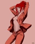  =a= adjusting_hair arms_up belt breasts cleavage earrings formal gintama jewelry medium_breasts mouth_hold navel no_bra open_clothes open_shirt pants ponytail ribbon ribbon_in_mouth shimura_tae shirt solo spot_color suit unbuckled_belt unbuttoned 