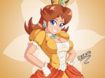  1girl adapted_costume blue_eyes breasts brown_hair cleavage crown dress earrings gloves grin hands_on_hips jewelry long_hair looking_at_viewer mario_(series) medium_breasts nintendo orange_background princess_daisy puffy_short_sleeves puffy_sleeves shekosensei short_sleeves smile solo white_gloves 