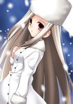  coat dress fate/zero fate_(series) fur_hat hat highres irisviel_von_einzbern isa_(ni-iro) long_hair red_eyes snowing solo white_hair 