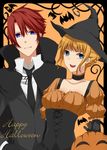  1girl bat beatrice blonde_hair blue_eyes breasts cape choker cleavage corset costume dress elbow_gloves fang gloves halloween happy_halloween hat highres medium_breasts necktie nemu_(nebusokugimi) orange_background red_hair umineko_no_naku_koro_ni ushiromiya_battler witch_hat 