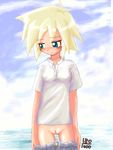  1girl aqua_eyes blonde_hair blush cloud clouds ikkyuu no_panties oekaki pussy solo thigh_gap uncensored undressing water 