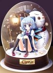  blue_dress blue_eyes blue_hair blush bow cameltoe chibi_arisu cirno dress flower frog frozen hair_bow lamp mary_janes panties pink_panties scarf shirt shoes shovel sitting smile snow_bunny snow_globe snowman solo touhou translated underwear upskirt wings 