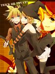  1girl aqua_eyes bad_id bad_pixiv_id black_dress black_legwear black_neckwear blonde_hair bloomers brother_and_sister dress elbow_gloves formal gloves hair_ornament hairclip halloween hat highres kagamine_len kagamine_rin leg_up looking_at_another looking_at_viewer necktie noka_(blackheart1118) one_eye_closed orange_shirt pants shirt short_dress short_hair siblings sleeveless sleeveless_dress smile striped striped_gloves striped_shirt suit sweatdrop thighhighs trick_or_treat twins underwear vertical-striped_shirt vertical_stripes vest vocaloid witch_hat zettai_ryouiki zoom_layer 