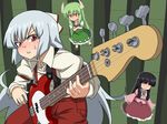  bass_guitar black_hair bow closed_eyes crossed_arms dress ex-keine fujiwara_no_mokou gazacy_(dai) green_hair guitar hair_bow horns houraisan_kaguya instrument kamishirasawa_keine long_hair multiple_girls pants red_eyes ribbon silver_hair smile suspenders touhou very_long_hair 