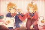  1girl alternate_costume black_legwear blonde_hair blue_eyes blush brother_and_sister cheek_pinching chizu_(fiute) closed_eyes eraser grin hair_ribbon headphones kagamine_len kagamine_rin pants pen pinching ribbon shirt siblings sitting skirt smile thighhighs twins vocaloid 