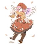  :d animal_ears boots brown_dress dress feathers mitsumoto_jouji mystia_lorelei open_mouth pink_hair salute scarf short_hair smile solo touhou wings 