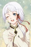  androgynous asymmetrical_hair bad_id bad_pixiv_id bird blue_eyes blush dio_eraclea hair_tubes last_exile one_eye_closed poshii_(posy) ribbon short_hair smile solo upper_body white_hair 