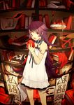  apple book bookshelf chain collar face feathers food fruit hands highres holding holding_book holding_food holding_fruit leash long_hair open_book open_mouth original purple_hair red_eyes shirotaka_(5choume) slave solo 