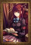  armband artist_request belt blue_eyes book bow bowtie cowboy_shot frame hair_bobbles hair_ornament jewelry long_hair long_sleeves painting_(object) pleated_skirt red_hair ring sitting skirt solo thighhighs two_side_up umineko_no_naku_koro_ni ushiromiya_ange 