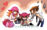  blush brown_hair eating kouzuki_anna kozuki_anna_(yugioh_zexal) long_hair multicolored_hair necktie orange_hair red_hair short_hair smile yellow_eyes yu-gi-oh! yuki_judai yuu-gi-ou_gx yuu-gi-ou_zexal yuuki_juudai 