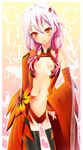  ayakichi bare_shoulders black_legwear blush breasts center_opening elbow_gloves fingerless_gloves gloves guilty_crown hair_ornament hairclip long_hair looking_at_viewer navel orange_eyes pink_hair small_breasts solo thighhighs twintails yuzuriha_inori 