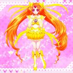  boots bow brooch bubble_skirt choker circlet cure_muse_(yellow) dress flat_sign frills full_body gathers hair_ribbon heart jewelry knee_boots long_hair magical_girl musical_note nontans orange_hair pink_background pink_eyes precure quarter_note ribbon sharp_sign shirabe_ako skirt smile solo sparkle suite_precure yellow_bow yellow_choker 