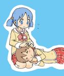  &gt;_&lt; aioi_yuuko blue_eyes blue_hair bow brown_hair closed_eyes ear_cleaning hair_cubes hair_ornament lap_pillow mimikaki multiple_girls naganohara_mio nichijou nishikun school_uniform short_hair short_twintails skirt tokisadame_school_uniform twintails 