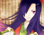  bow gradient_hair hair_bow hair_ornament hair_over_one_eye hairclip japanese_clothes kasugano_tsubaki kimono long_hair mirai_nikki multicolored_hair purple_eyes purple_hair ribbon scroll smirk solo 