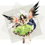  arm_cannon barefoot black_wings bow brown_eyes brown_hair cape concrete hair_bow highres reiuji_utsuho shirt shoes single_shoe skirt solo space star_(sky) third_eye touhou uram weapon wings 