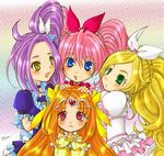  4girls :d blue_choker bow brown_hair choker circlet cure_beat cure_melody cure_muse_(yellow) cure_rhythm eyelashes foreshortening hair_ribbon halftone halftone_background happy heart houjou_hibiki instrument kurokawa_eren long_hair magical_girl minamino_kanade multiple_girls open_mouth piano pink_bow precure rainbow_background red_eyes ribbon seiren_(suite_precure) shirabe_ako smile suite_precure yellow_bow yellow_choker 