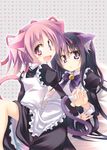  akemi_homura animal_ears apron black_hair cat_ears cat_tail hairband kaname_madoka kazekawa_nagi long_hair looking_back mahou_shoujo_madoka_magica maid multiple_girls pink_eyes pink_hair purple_eyes short_hair smile tail twintails 