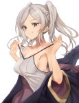  1girl breasts cleavage female_my_unit_(fire_emblem:_kakusei) fire_emblem fire_emblem:_kakusei looking_at_viewer medium_hair my_unit_(fire_emblem:_kakusei) nintendo ribbed_shirt robe shirt silver_hair simple_background smile solo twintails white_background yellow_eyes 