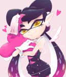  +_+ 1girl aori_(splatoon) black_hair detached_collar domino_mask food food_on_head heart highres hug inkling looking_at_viewer mask mole mole_under_eye object_on_head okome_2g2g pointy_ears short_jumpsuit smile solo splatoon splatoon_(series) splatoon_1 sushi tentacle_hair yellow_eyes 